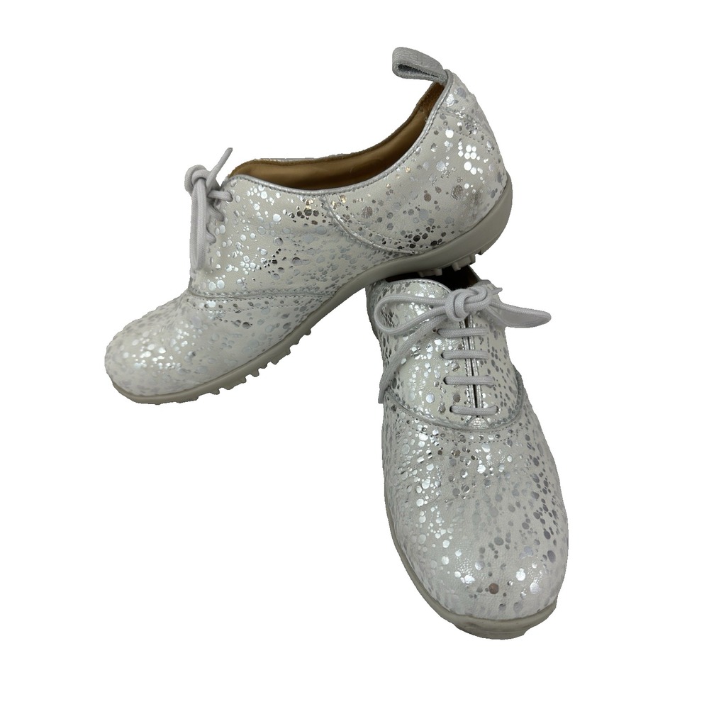 WesTees Women's 8 Lizzy Golf Shoes Spotted Silver Light Gray Leather Portugal